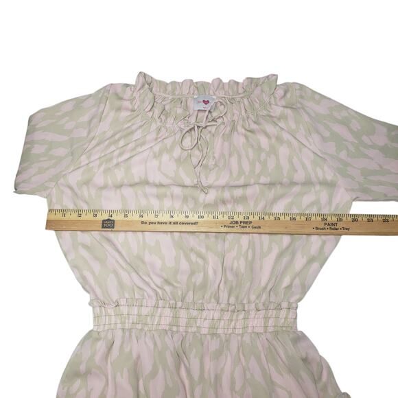 Buddy Love Leopard Print Zozo Mini Dress Sz M Pink Tan Ruffle Bell Sleeve Boho - Picture 9 of 12